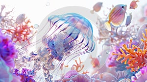 Jellyfish and marine life. 3d illustration. Generative AI