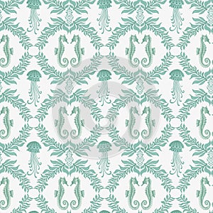 Jellyfish and Seahorses seamless pattern damask style. Colorful decorative texture with sea animals.