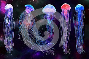 Jellyfish set watercolor, on galaxy space background. Fantastic illustration. Medusa on sky dark texture, colorful