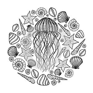 Jellyfish and shells in line art style. Hand drawn vector illust