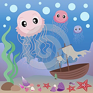 Jellyfish, shells and starfish. Cartoon sea inhabitants. Underwater world.