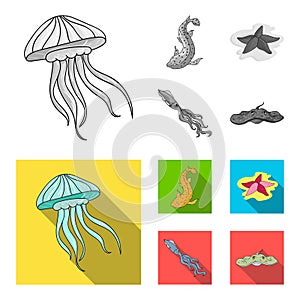 Jellyfish, squid and other species.Sea animals set collection icons in monochrome,flat style vector symbol stock