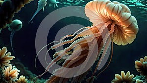 Jellyfish Squirming Through a Reef in the Ocean. Generative AI