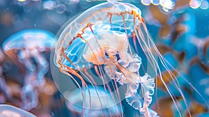 Jellyfish swimming in illuminated underwater with sunbeams. Luminous jellyfish. Concept of ocean depth, marine ecosystem