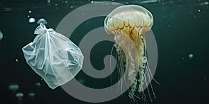 Jellyfish swimming in the ocean with single-use plastic bag. Concept of environmental pollution