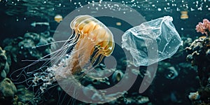 Jellyfish swimming in the ocean with single-use plastic bag. Concept of environmental pollution