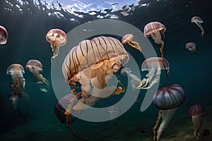 jellyfish swimming in pod, surrounded by other cnidarians