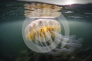 A jellyfish is swimming under water with the light shining on it