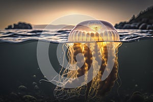 A jellyfish is swimming under water with the light shining on it