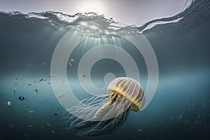 A jellyfish is swimming under water with the light shining on it