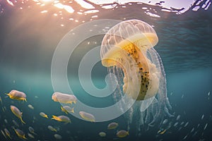 A jellyfish is swimming under water with the light shining on it