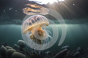 A jellyfish is swimming under water with the light shining on it