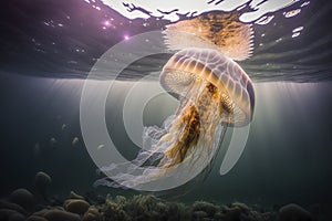 A jellyfish is swimming under water with the light shining on it