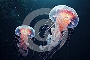 Jellyfish swimming in water. 3D rendering with DOF, Two jellyfishes swimming in the water. 3d rendering, AI Generated