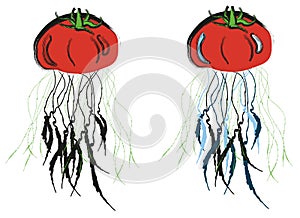 Jellyfish tomato. Sea creature in the shape of a tomato. Cute vector illustration isolated on a white background