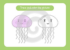 Jellyfish. Trace and color the picture. Educational game for children. Handwriting and drawing practice. Nature theme activity for