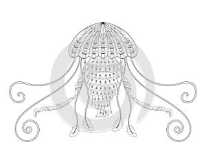 Jellyfish vector illustration. Hand drawn sea animal for adult anti stress coloring book, page in zentangle style.