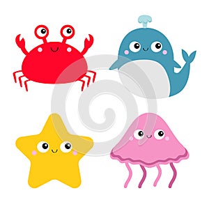 Jellyfish Whale Crab Starfish toy icon set. Big eyes. Yellow star. Cute cartoon kawaii funny baby character. Sea ocean animal