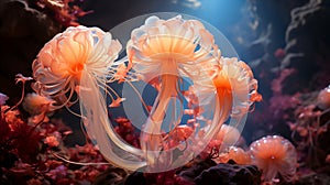 Jellyfishes with colorful tentacles under the sea, Generative AI