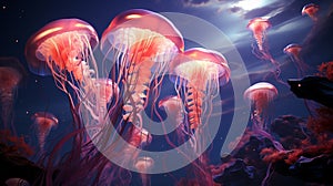 Jellyfishes with colorful tentacles under the sea, Generative AI