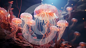 Jellyfishes with colorful tentacles under the sea, Generative AI