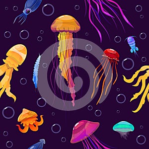 Jellyfishes seamless pattern. Underwater plankton and air bubbles. Repeated print. Luminous transparent inhabitants