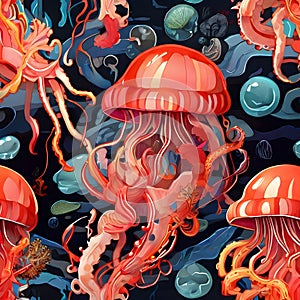A jellyfishes swims around the colorful corals