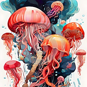 A jellyfishes swims around the colorful corals