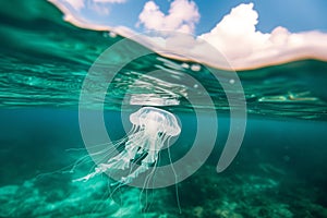 jellyfishlike plastic bag floating beneath the ocean surface photo
