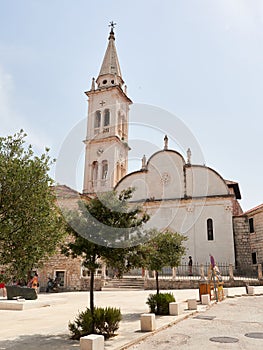 Jelsa, Croatia - July 25, 2021. The old town with the historic fortress church of St. Mary on the island of Hvar
