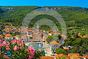 Jelsa old town with harbor view from the hill, Croatia