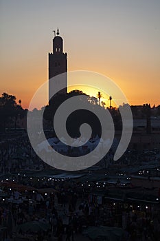 Jemaa el-Fnaa and the Koutoubia Mosque in Marrakesh at sunset