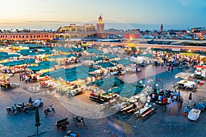 Jemaa el-Fnaa square and market place at dusk.