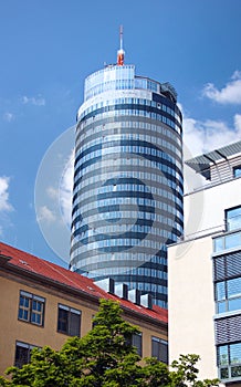 Jena, Germany - May 26, 2023: Modern Jen Tower skyscraper in Jena, the second largest city in Thuringia