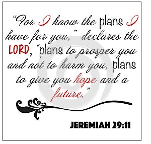 Jeremiah 29:11- For I know the plans I have for you declares the Lord vector on white background for Christian encouragement from