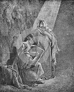 Jeremiah dictates his prophecies to Baruch in the old book The Bible in Pictures, by G. Doreh, 1897