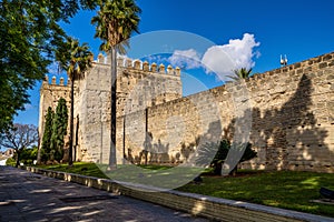 Jerez de la Frontera, Spain - Nov 15, 2019: Moorish Alcazar in Jerez de la Frontera, ancient stone fortress, Andalusia