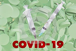 jeringas blancas con pastillas blancas sobre fondo verde texto rojo covid-19white syringes with white tablets on green background photo