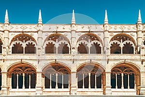 Jeronimos Hieronymites Monastery Of Saint Jerome In Lisbon, Portugal Is Built In Portuguese Late Gothic Manueline Style