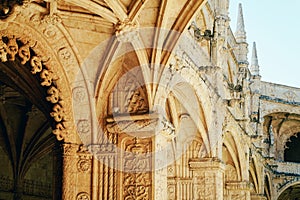 Jeronimos Hieronymites Monastery Of Saint Jerome In Lisbon, Portugal Is Built In Portuguese Late Gothic Manueline Style