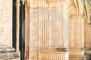 Jeronimos Hieronymites Monastery Of Saint Jerome In Lisbon, Portugal Is Built In Portuguese Late Gothic Manueline Style