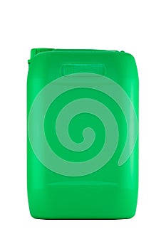 Jerrycan with liquid substance. Green plastic canister with lid isolated on a white background. Image of disinfectant, detergent