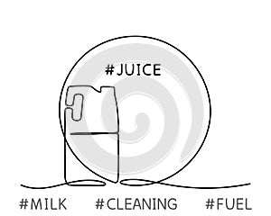 Jerrycan, plastic Canister in line drawing. Continuous single line Icon, outline sign in circle. Container for liquid or