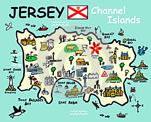 Jersey, Channel Islands hand drawn illustrated map