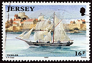 JERSEY - CIRCA 1992: A stamp printed in United Kingdom from the `Jersey Shipbuilding` issue shows Tickler brigantine