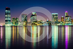 The Jersey City Skyline at night, seen from Pier 34, Manhattan,