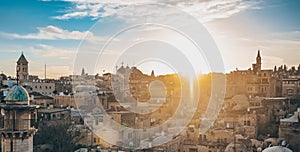Jerusalem, Capital of Israel. Beautiful panoramic view of the Old City at sunset, Tomb of the Prophets and Dome of the