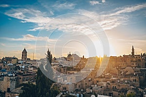 Jerusalem, Capital of Israel. Beautiful panoramic view of the Old City at sunset, Tomb of the Prophets and Dome of the