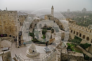 Jerusalem citadel and Tower of David with cityscape in sandstorm