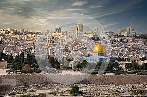 Jerusalem City Walls and Dome of the Rock in the old city of Jerusalem, Israel